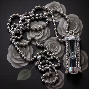 Gothic Silver Toned Metal and Glass 5 Second Black Sand Pendant Necklace